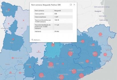 L'estat de la pandèmia al Berguedà. El mapa mostra el nombre de casos acumulats per municipi de Catalunya l'11 de maig de 2020 (Foto: http://aquas.gencat.cat).
