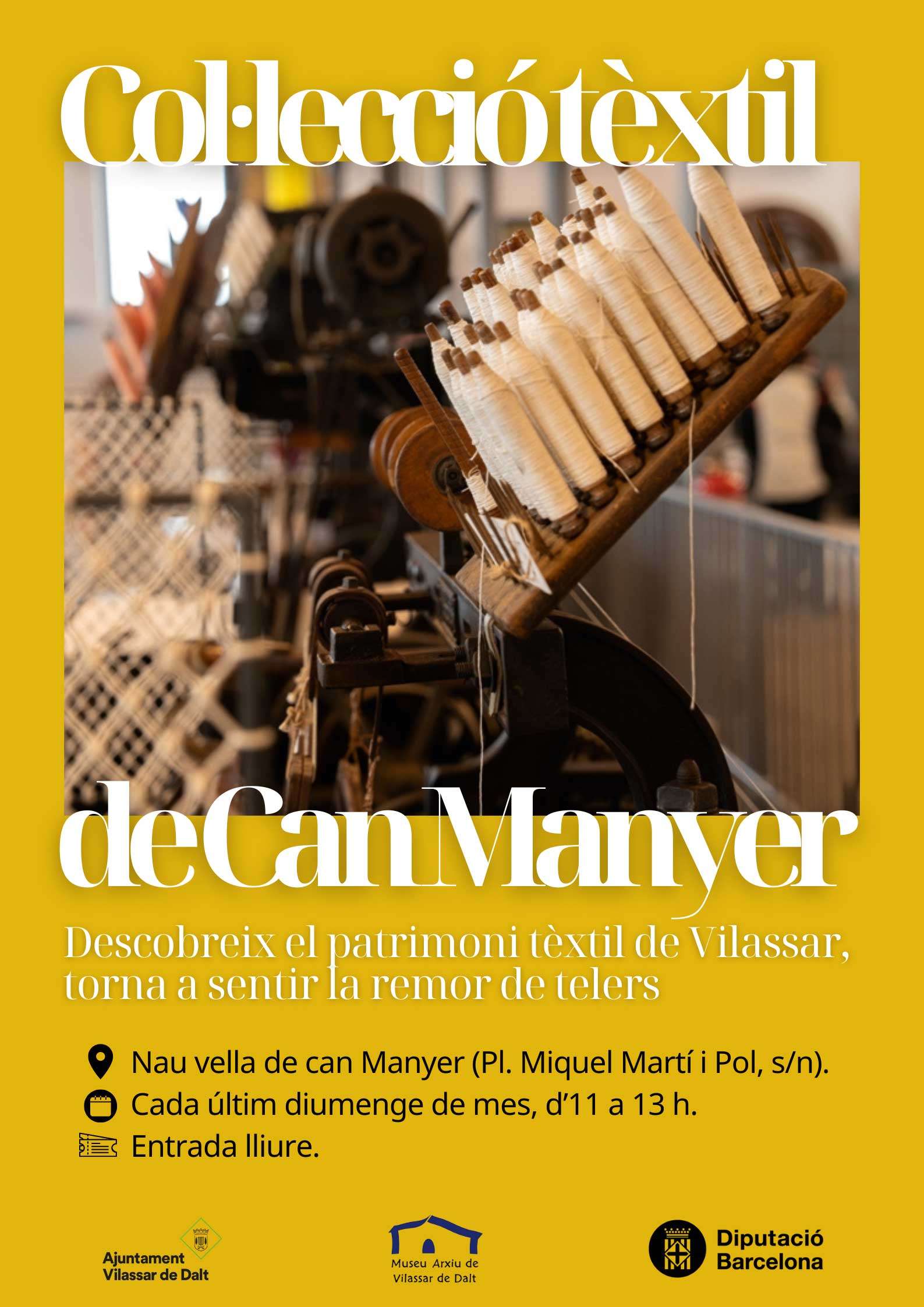 Cartell de la Col·lecció Tèxtil de Can Manyer amb informació sobre horaris i ubicació