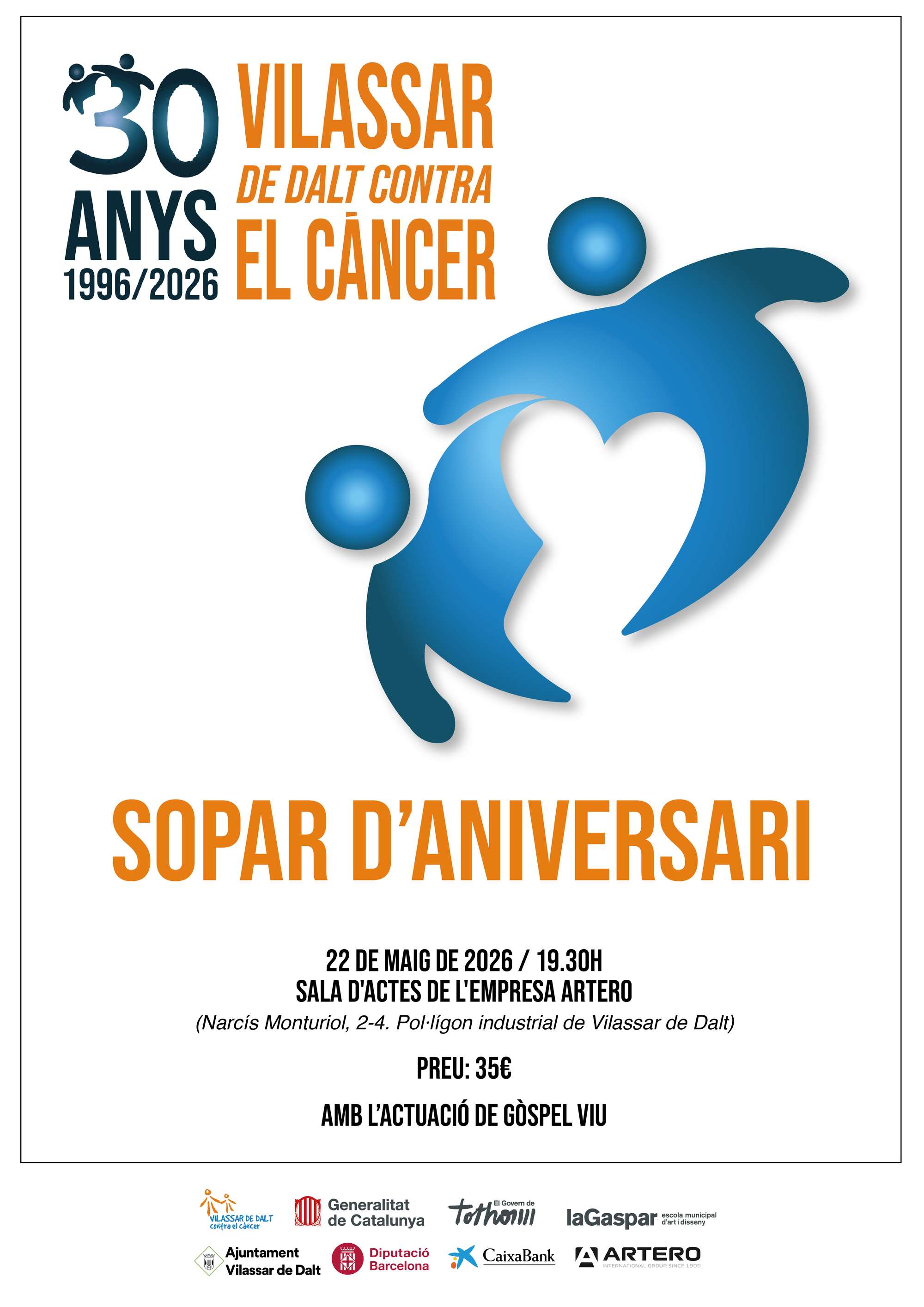 Cartell del Sopar d'Aniversari de Vilassar de Dalt Contra el Càncer, 22 de maig de 2026 Sopar d'Aniversari