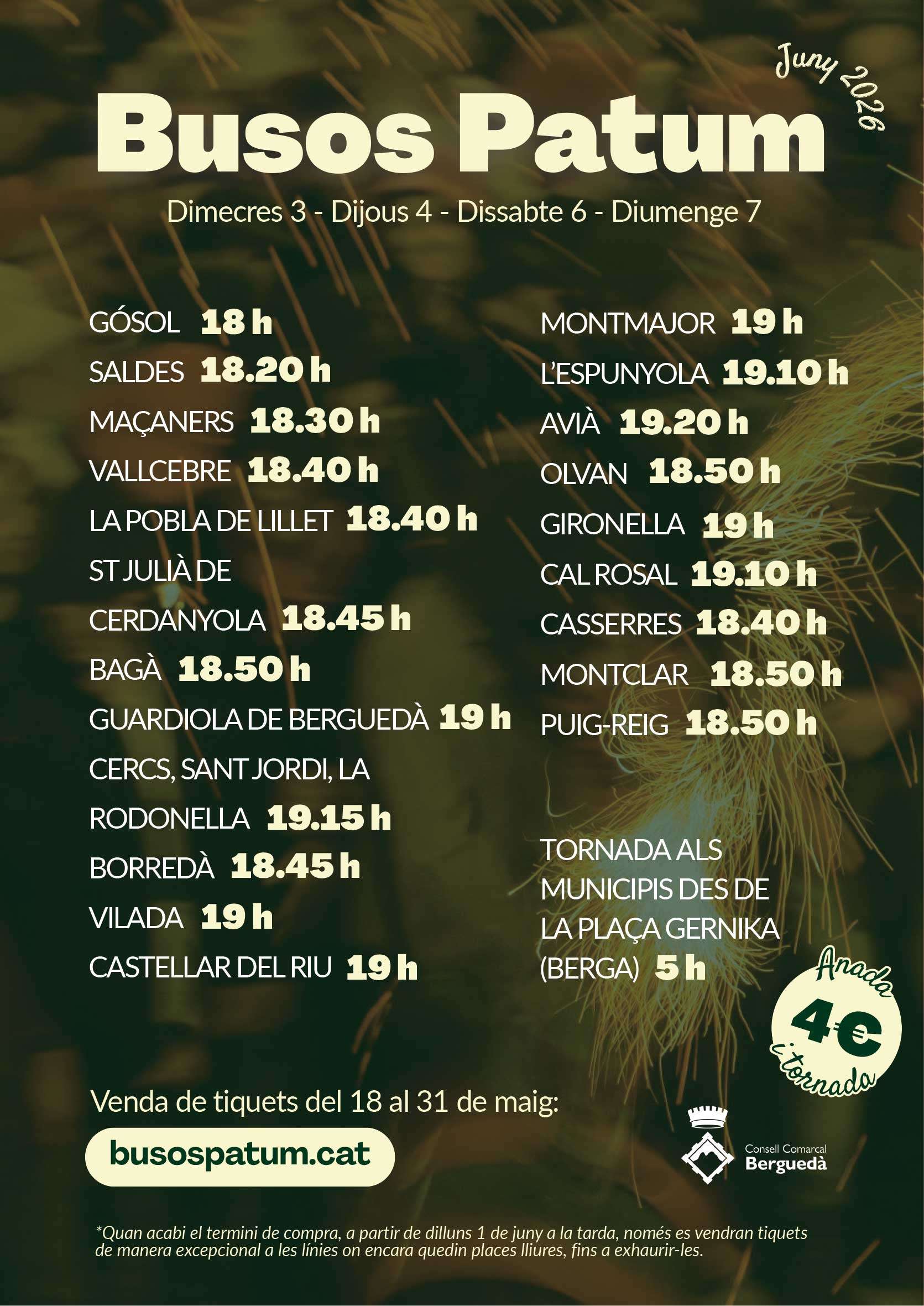 Horaris i rutes dels Busos Patum des de municipis del Berguedà Horaris Busos Patum 2026