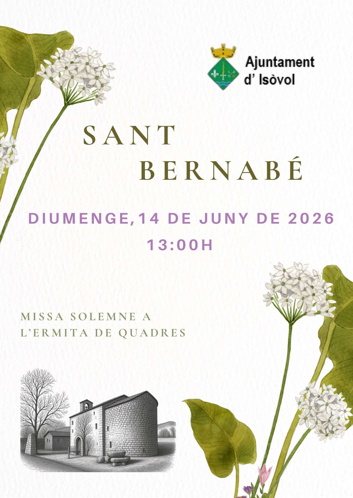 Sant Bernabé 2026 a Isòvol - Misa solemne a l'ermita de Quadres el 14 de juny