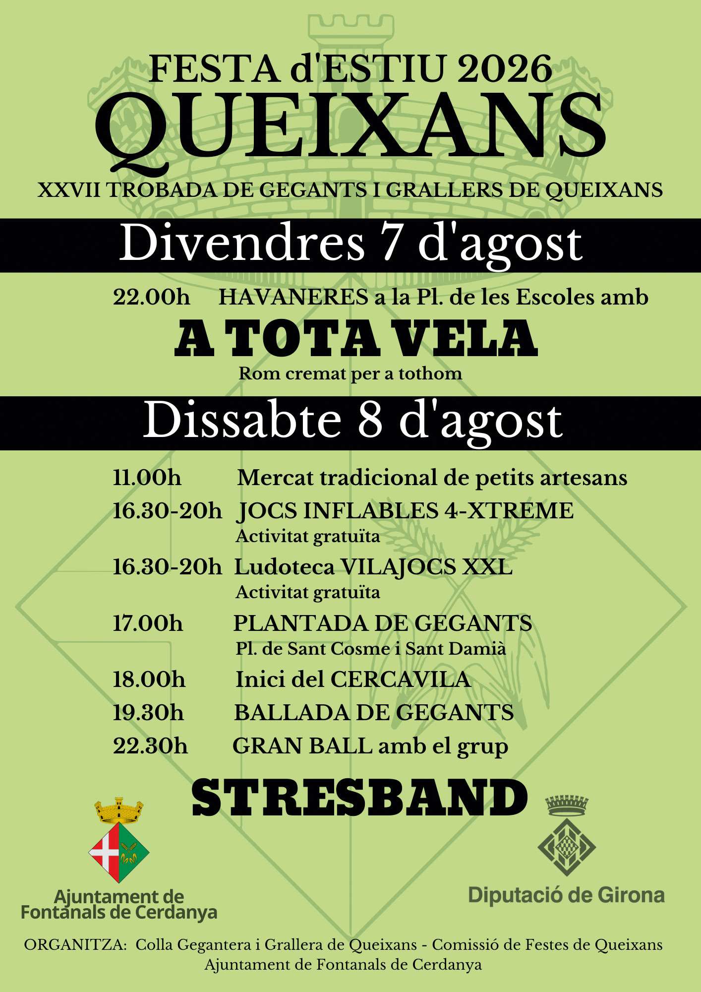 Festa d'Estiu 2026 a Queixans: XXVII Trobada de Gegants i Grallers els dies 7 i 8 d'agost