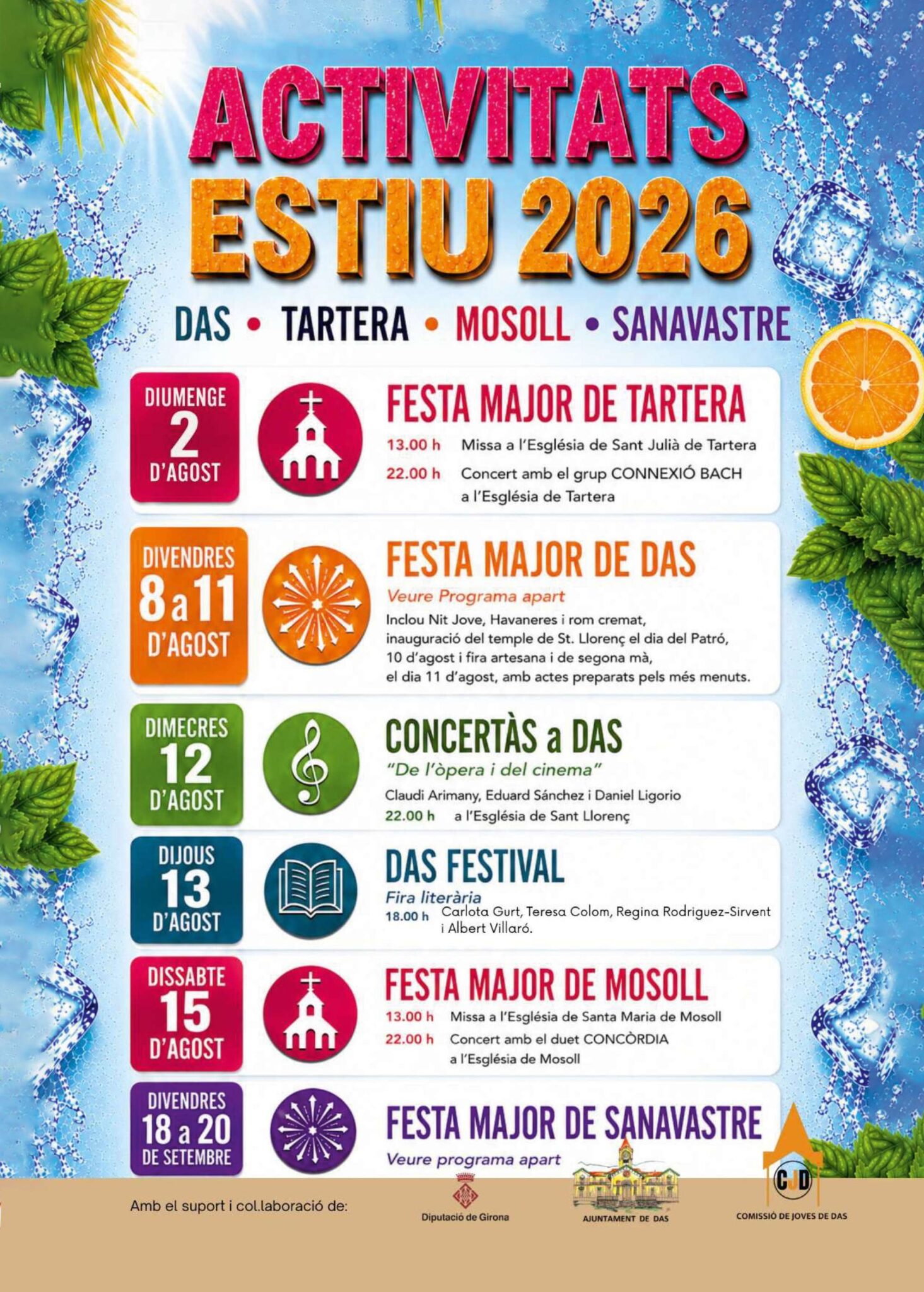 Activitats d'estiu 2026 a Das, Tartera, Mosoll i Sanavastre: concerts, festes majors i fira literària