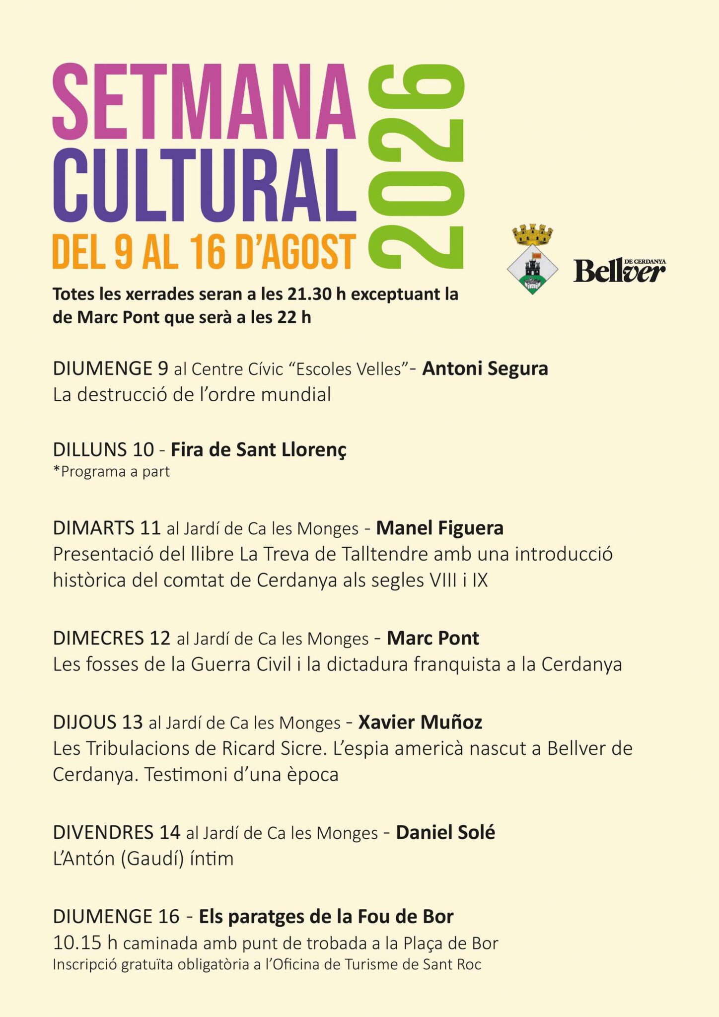 Setmana Cultural a Bellver de Cerdanya: xerrades i activitats del 9 al 16 d’agost