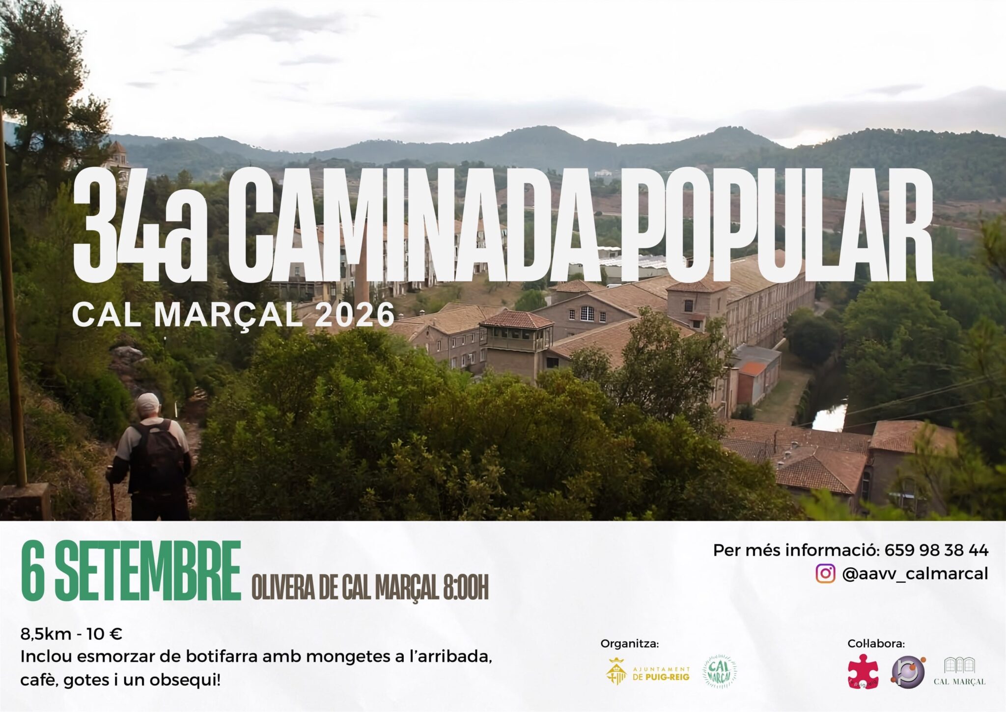 Cartell de la 34a Caminada Popular de Cal Marçal amb paisatge rural i informació de l'esdeveniment