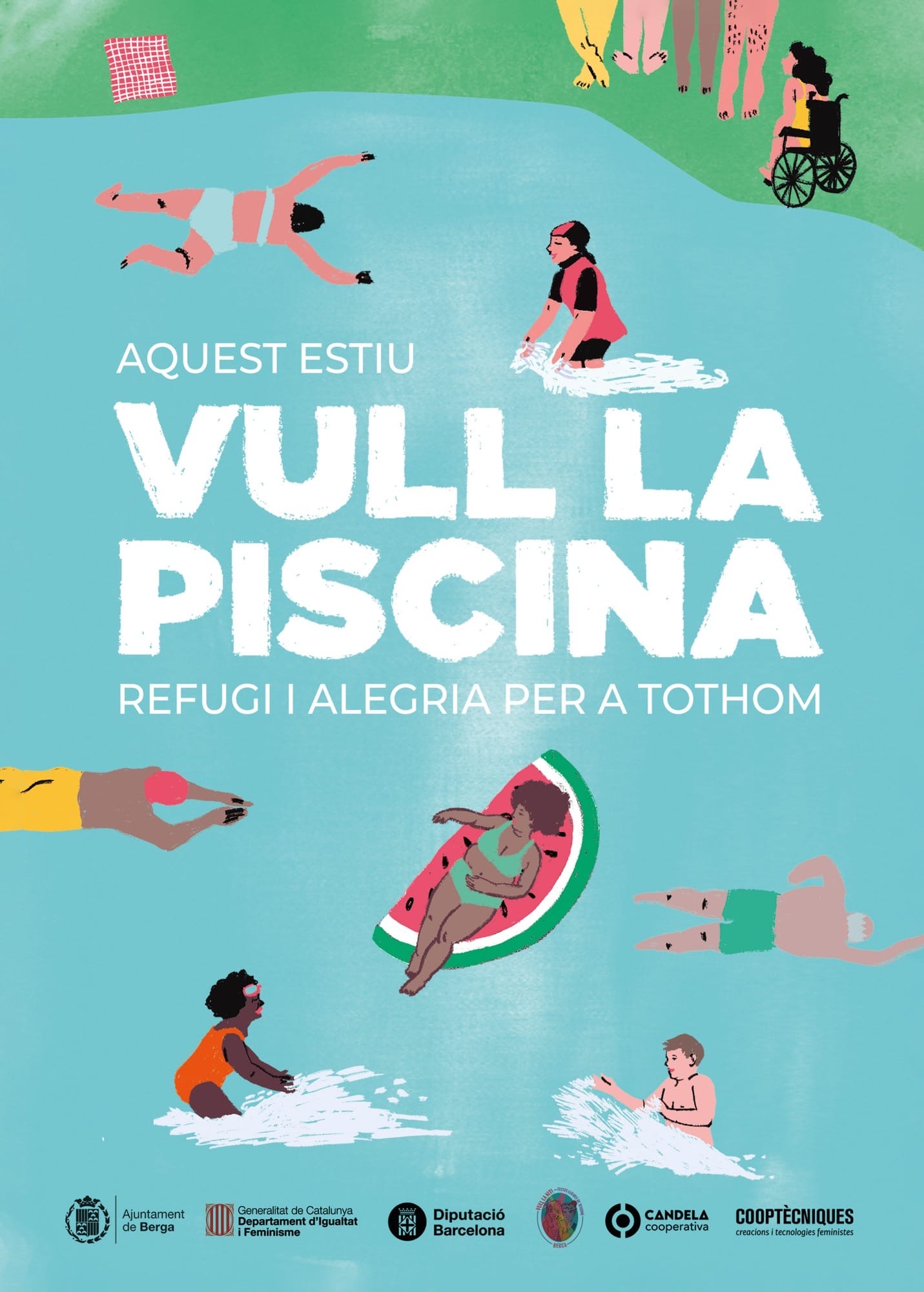 Cartell de la campanya "Vull la piscina" amb il·lustracions diverses