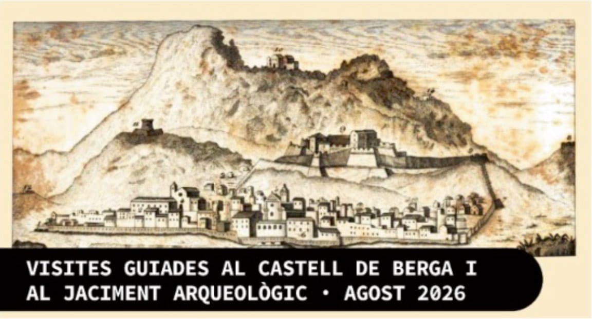 Il·lustració històrica del Castell de Berga, amb una vista panoràmica de la població emmurallada i les ruïnes del castell a la muntanya