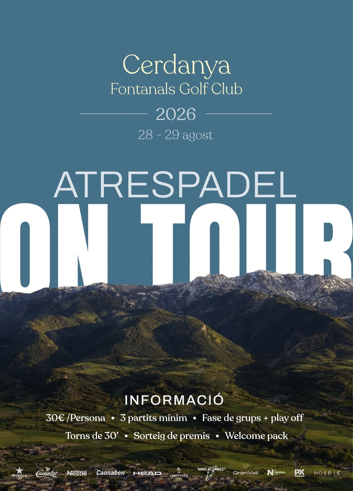 Cartell promocional de l'Atrespadel On Tour a la Cerdanya amb paisatge pirinenc de fons