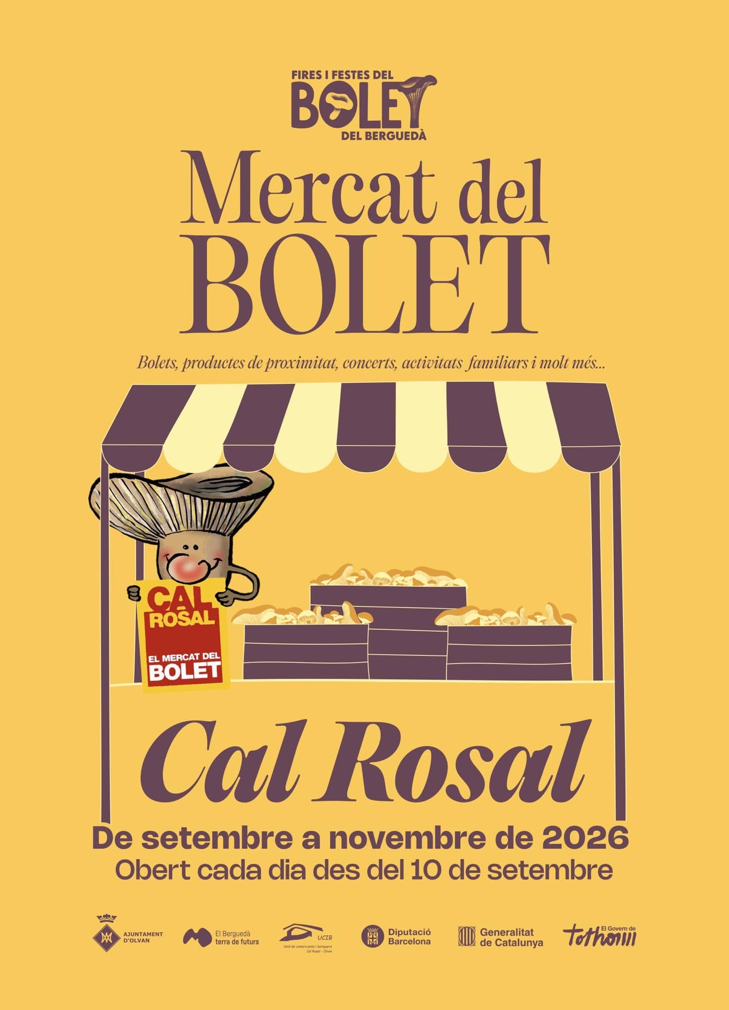 Cartell promocional del Mercat del Bolet de Cal Rosal amb fons groc i il·lustració d'una parada.