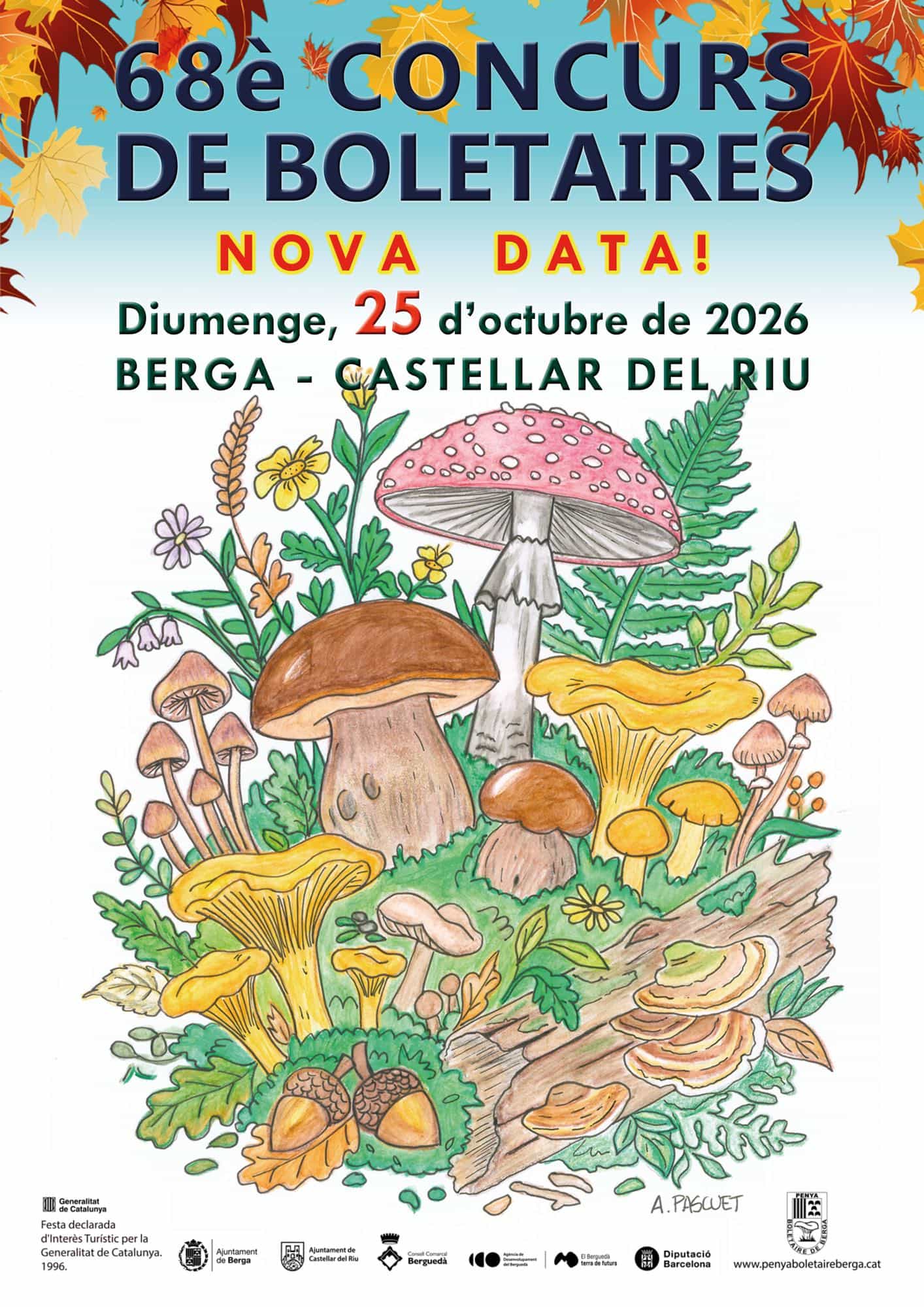 Cartell promocional del 68è Concurs de Boletaires amb un marc decoratiu de fulles de tardor i una il·lustració botànica de setes i fongs