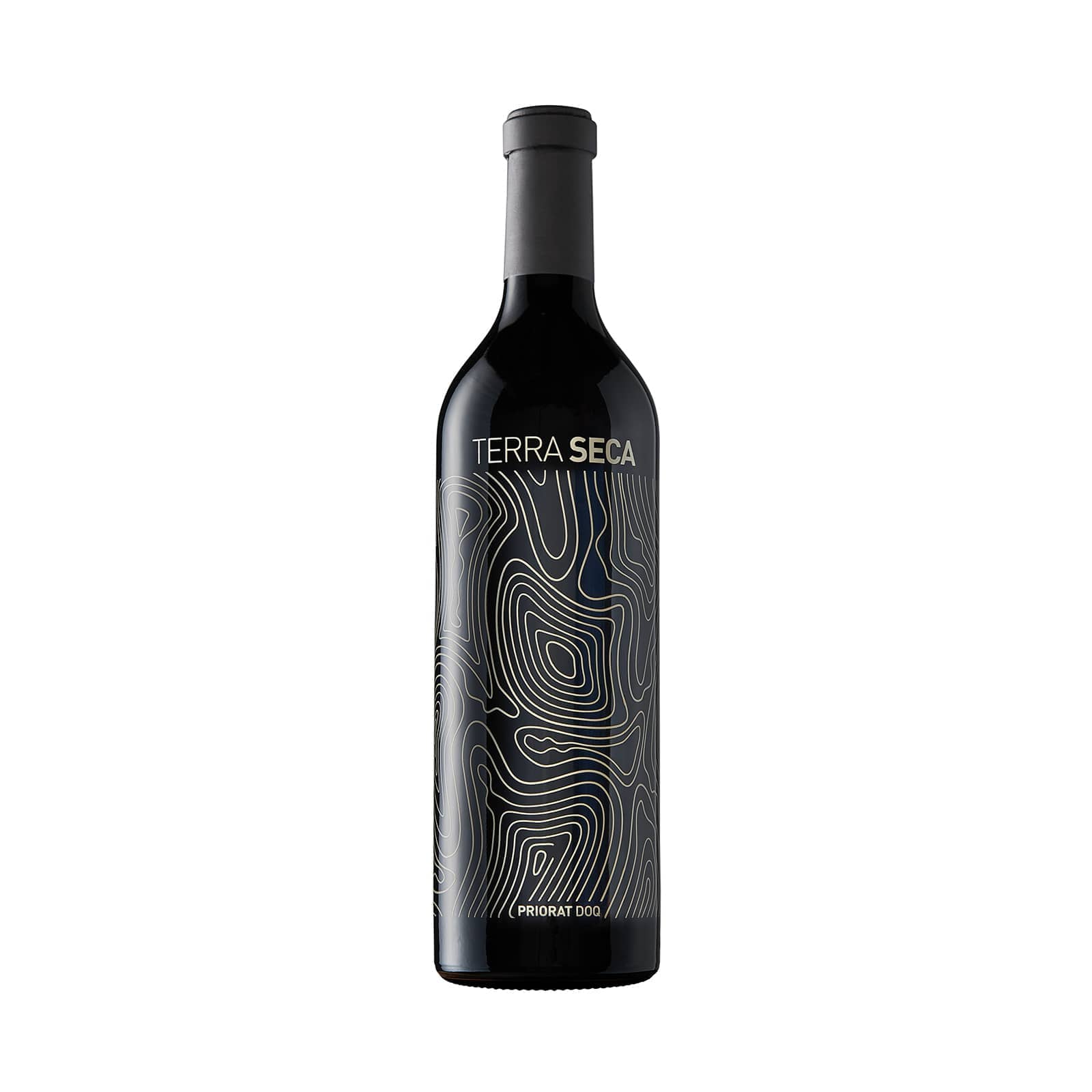 Botella de Terra Seca del Priorat amb etiqueta de línies topogràfiques