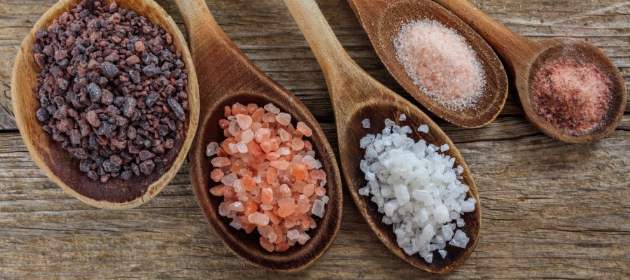 Variety of salts in wooden spoons