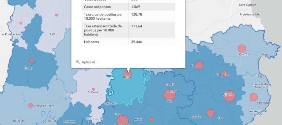 L'estat de la pandèmia al Berguedà. El mapa mostra el nombre de casos acumulats per municipi de Catalunya l'11 de maig de 2020 (Foto: http://aquas.gencat.cat).